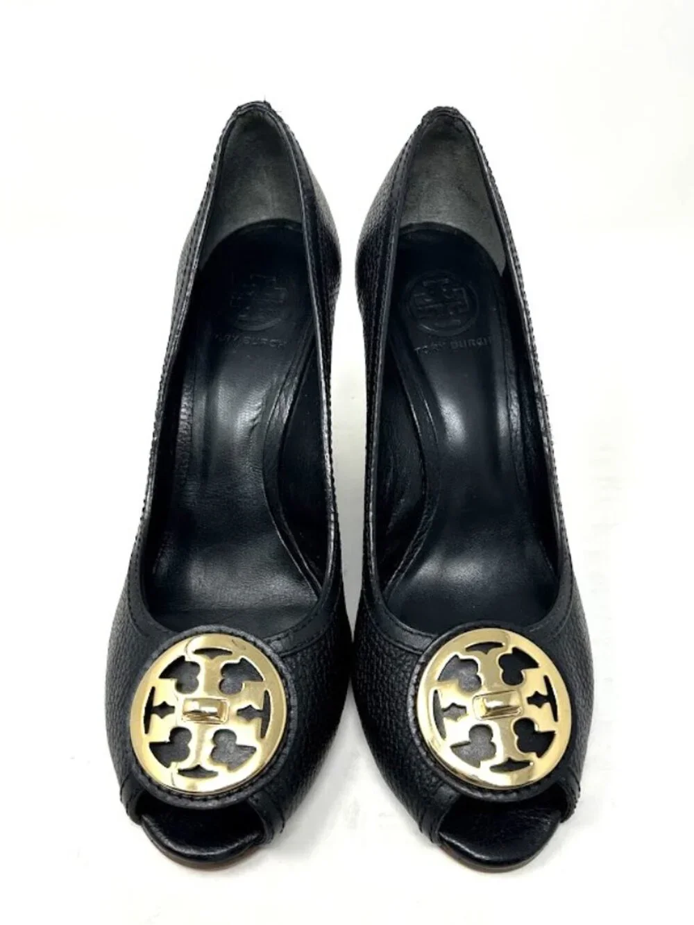 Tory Burch Selma Peep Toe Wedges-Black Pebbled Leather-Gold Logo Medallion 9.5